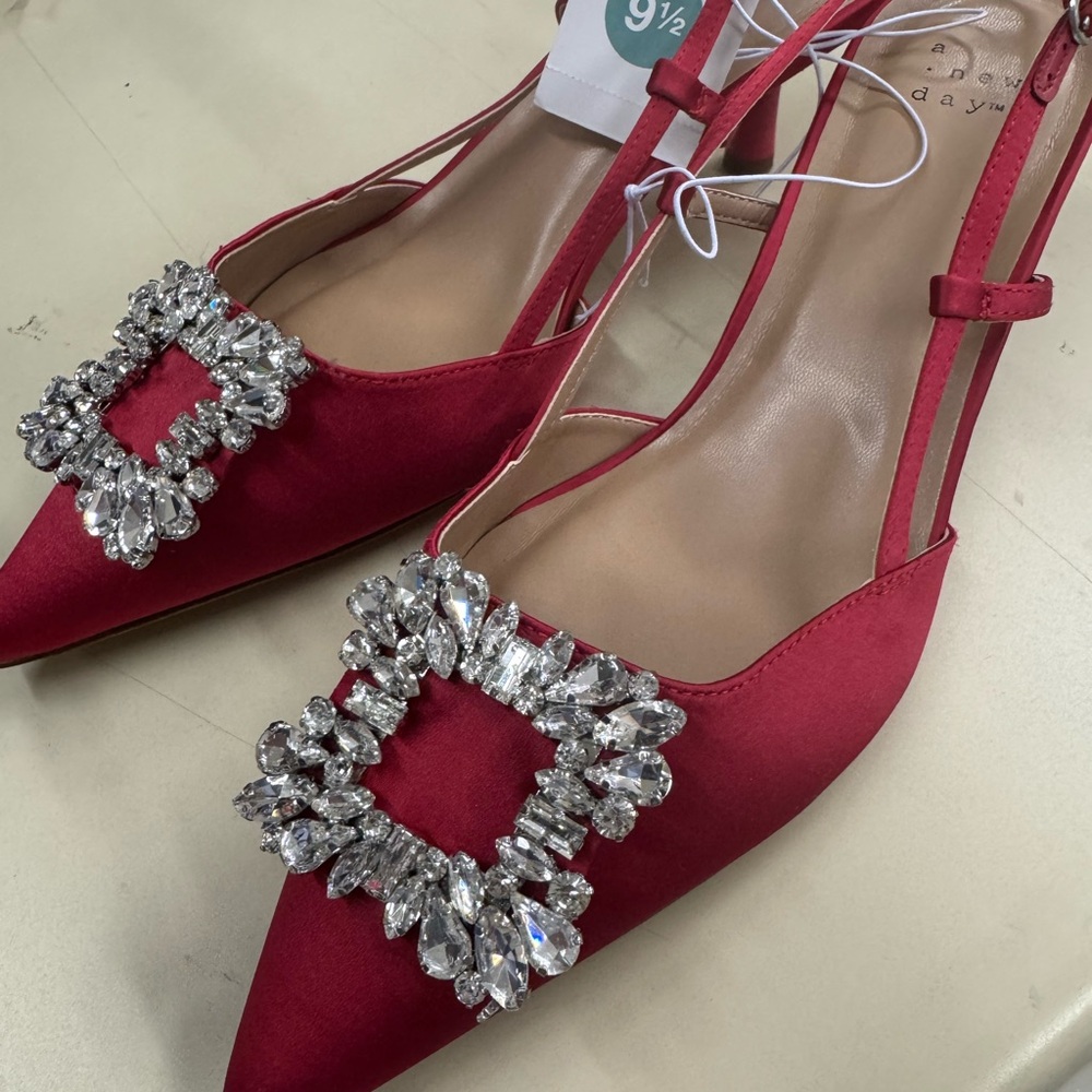 a new day Red Satin Slingback Heels with Crystal Embellishment
